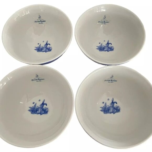 Beatrix Potter Peter Rabbit Set of Four 5.5" Blue Toile Porcelain Rice Bowls New - Picture 2 of 8